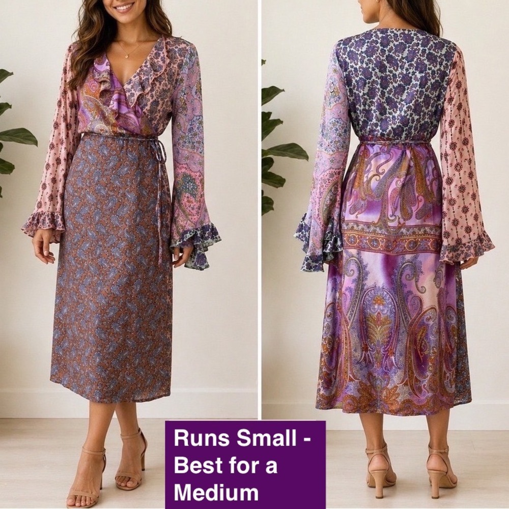 PLENTY by Tracy Reese Vtg Silk Wrap Midi Dress 12 Purple Satin Paisley Floral